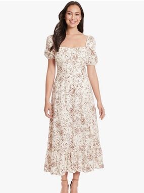 London Times Cream Floral Maxi Dress with Square Neck